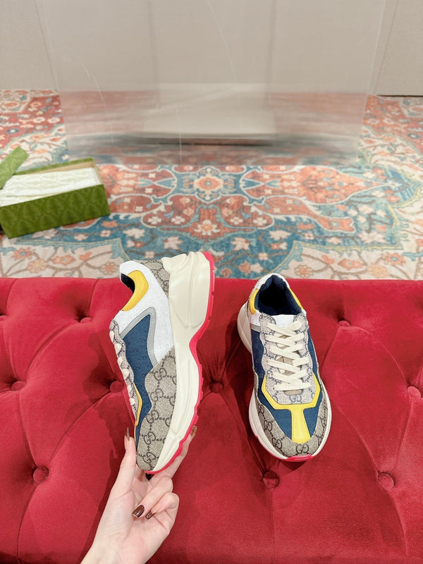 GG RHYTON TRAINER IN PELLE DI VITELLO MARRONE CHIARO E LIMONE