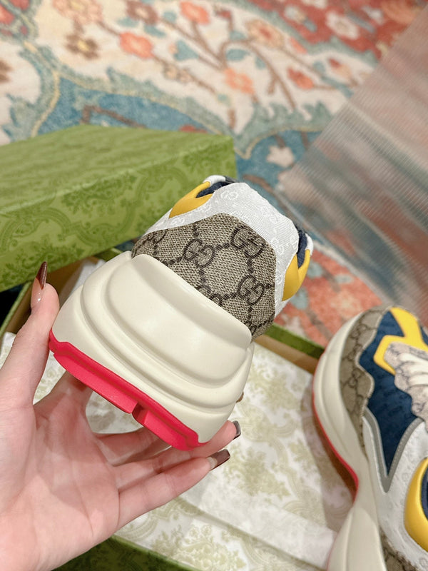 GG RHYTON TRAINER IN PELLE DI VITELLO MARRONE CHIARO E LIMONE