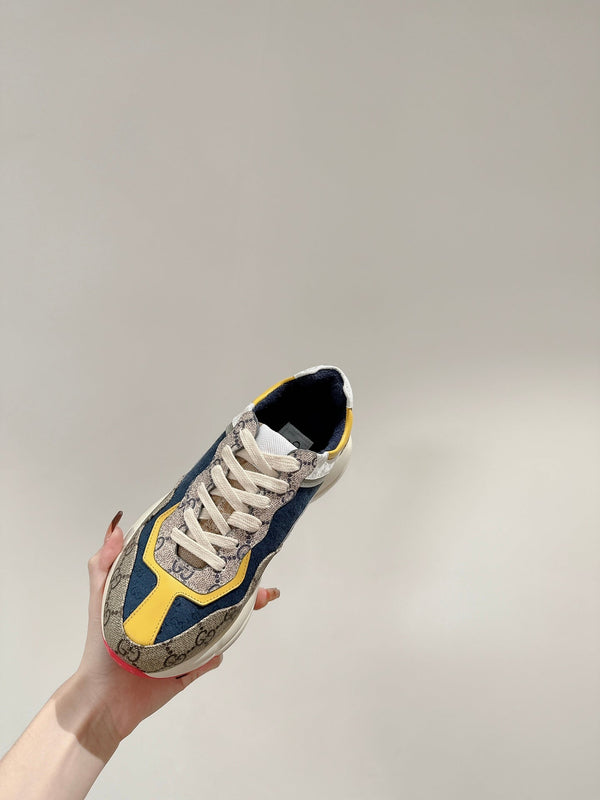 GG RHYTON TRAINER IN PELLE DI VITELLO MARRONE CHIARO E LIMONE