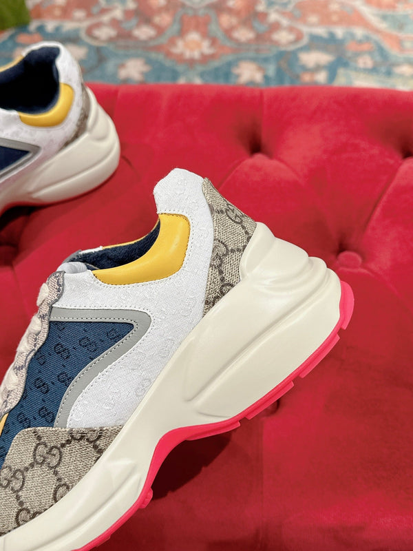 GG RHYTON TRAINER IN PELLE DI VITELLO MARRONE CHIARO E LIMONE