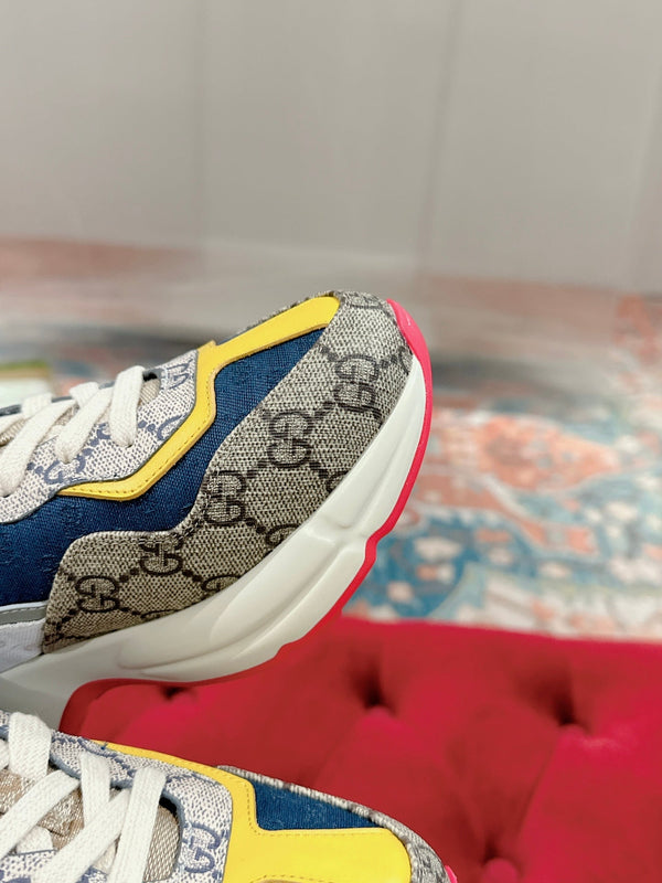 GG RHYTON TRAINER IN PELLE DI VITELLO MARRONE CHIARO E LIMONE