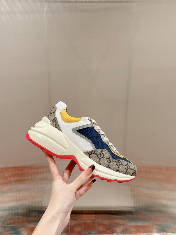 GG RHYTON TRAINER IN PELLE DI VITELLO MARRONE CHIARO E LIMONE