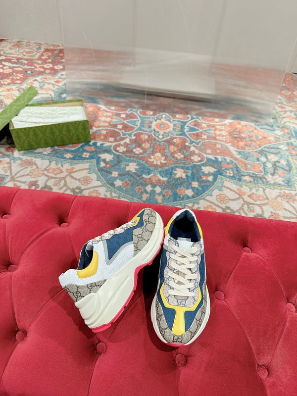 GG RHYTON TRAINER IN PELLE DI VITELLO MARRONE CHIARO E LIMONE