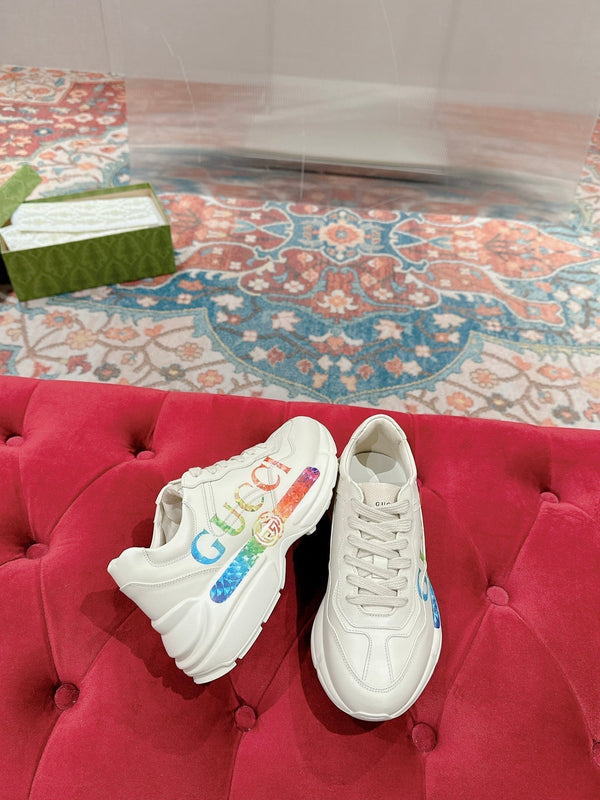 GG RHYTON TRAINER IN PELLE DI VITELLO BIANCA CON MOTIVI MULTIPLI