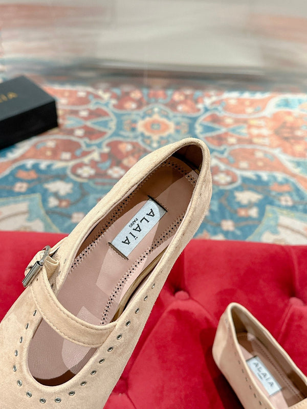 ALAIA MARY JANE IN BEIGE SUEDE WITH SILVER HARDWARE