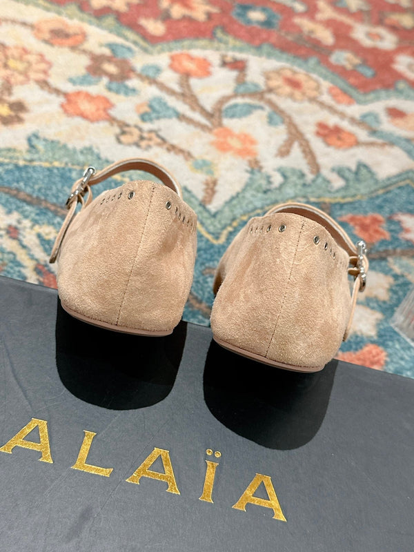 ALAIA MARY JANE IN BEIGE SUEDE WITH SILVER HARDWARE