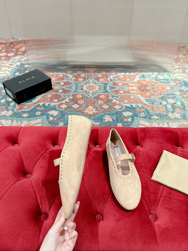 ALAIA MARY JANE IN BEIGE SUEDE WITH SILVER HARDWARE