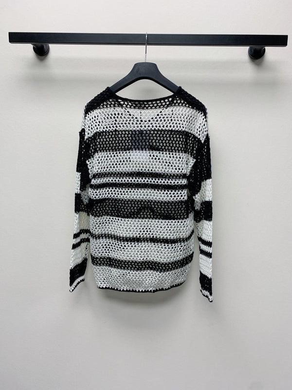 Celine 25 Hollow Crochet Cardigan Black White Wool Polyester 277568