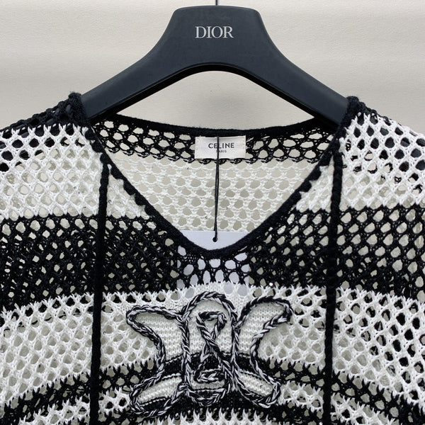 Celine 25 Hollow Crochet Cardigan Black White Wool Polyester 277568