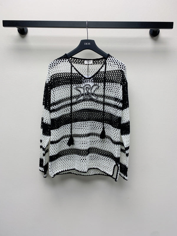 Celine 25 Hollow Crochet Cardigan Black White Wool Polyester 277568