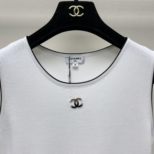 CC 25 Round Neck Knitted Embroidered Logo Vest Dress in White 277584