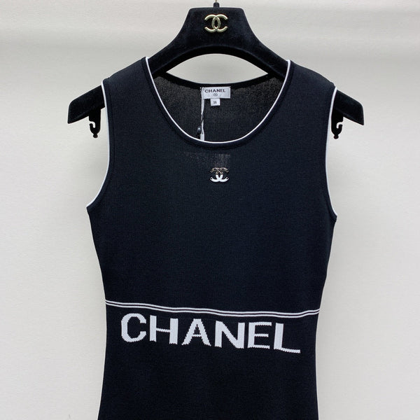 CC 25 Round Neck Knitted Embroidered Logo Vest Dress in Black 277585