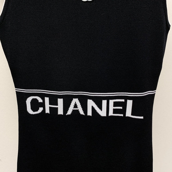 CC 25 Round Neck Knitted Embroidered Logo Vest Dress in Black 277585