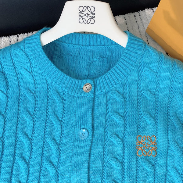 Loewe 2025 Cardigan Boutonné en Laine Bleue Brodé du Logo 289137