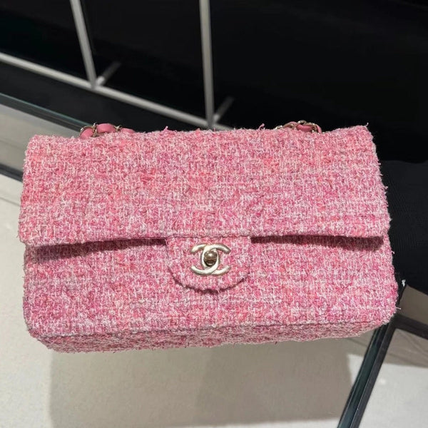 flap bag medium 25 pink tweed silver hardware