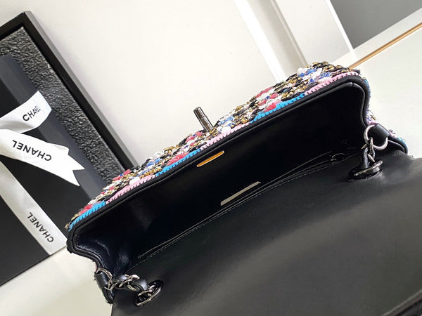 CC 24a Flap Bag 20cm Sequin Satin Black Hardware