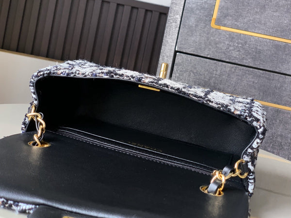 Flap Bag Mini 20cm Black White Tweed Sequin