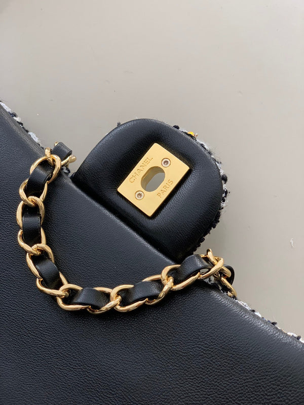 Flap Bag Mini 20cm Black White Tweed Sequin