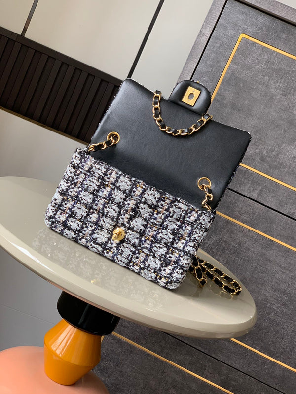 Flap Bag Mini 20cm Black White Tweed Sequin