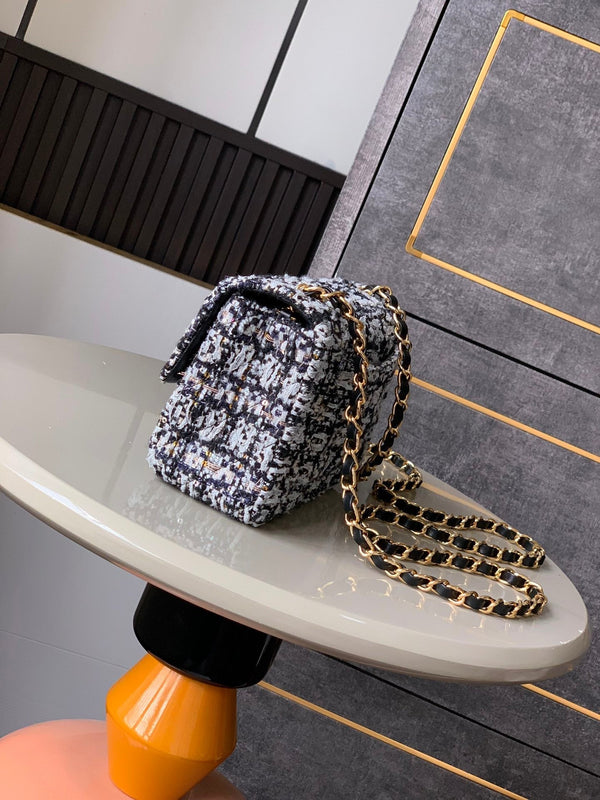 Flap Bag Mini 20cm Black White Tweed Sequin
