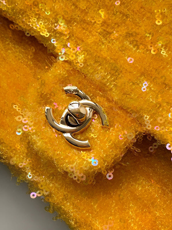 CC 25S Flap Bag 20cm Yellow Fringed Sequin Calfskin