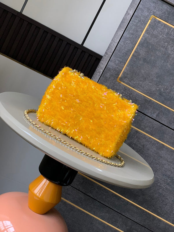 CC 25S Flap Bag 20cm Yellow Fringed Sequin Calfskin