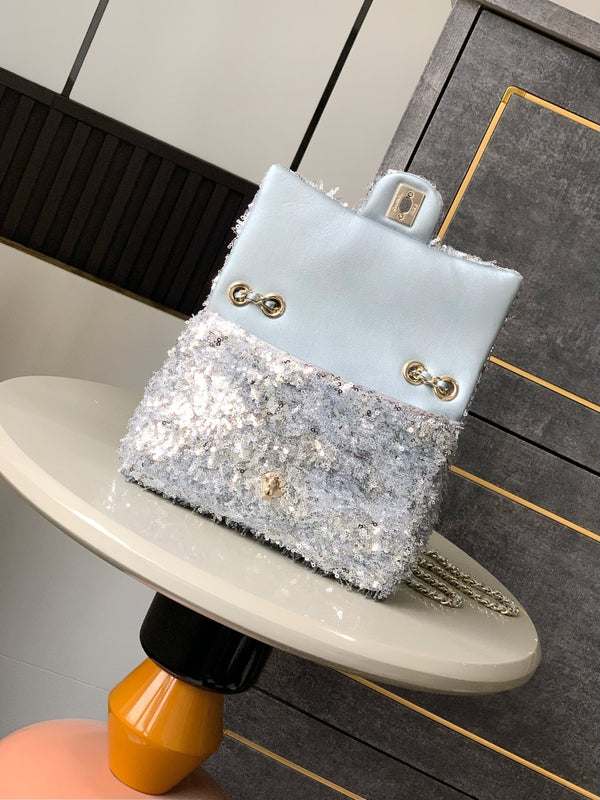 CC 25S Flap Bag 20cm Grey Fringed Sequin Calfskin