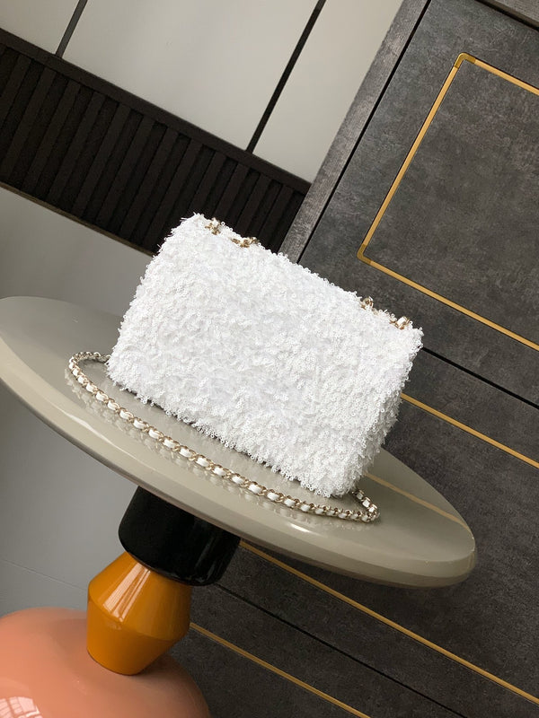 CC 25S Flap Bag 20cm White Fringed Sequin Calfskin