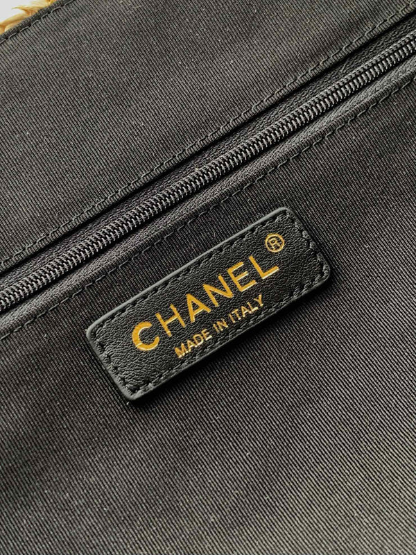 CC Logo Shopper Bag With Chain 23cm Beige Black Raffia GHW