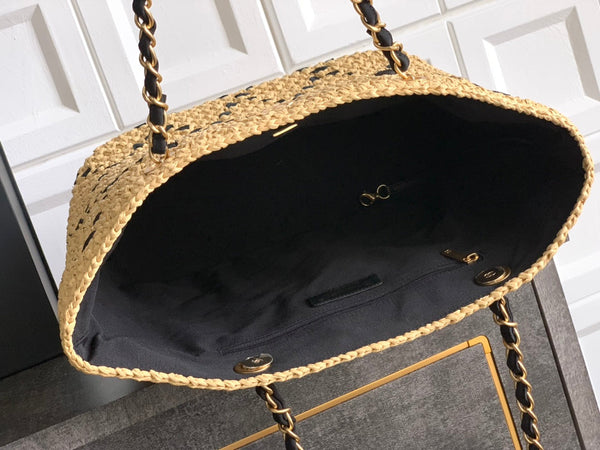CC Logo Shopper Bag With Chain 23cm Beige Black Raffia GHW