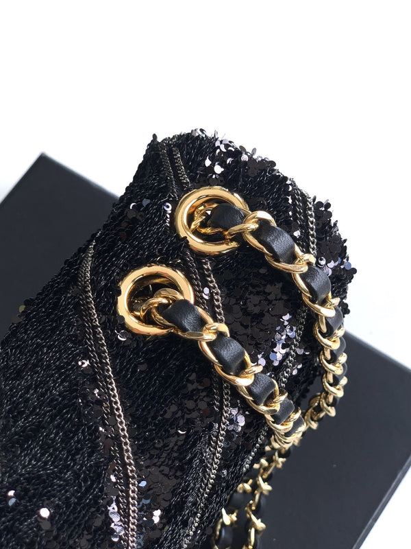 CC 26K Flap Bag 21cm Black Silk Sequin