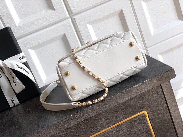 CC Coco Top Handle Bag 19cm White Quited Leather