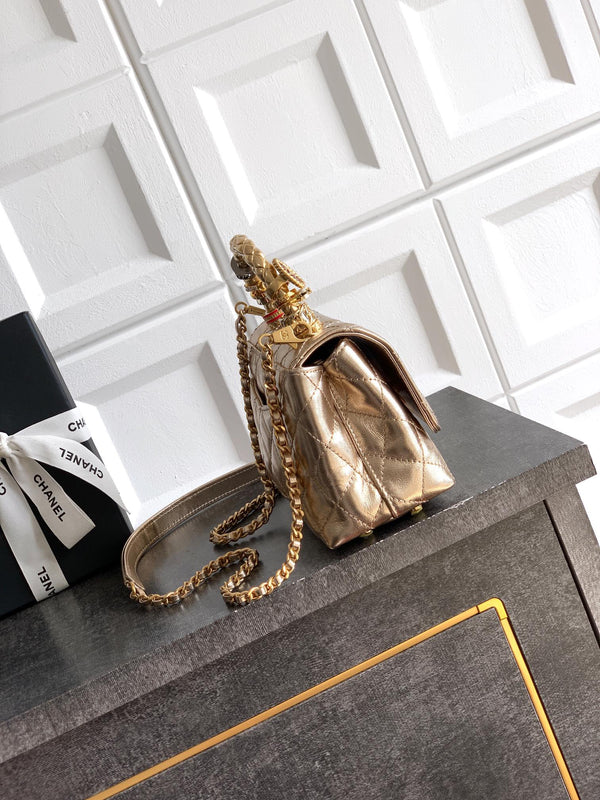 CC Coco Top Handle Bag 19cm Gold Metalic Quited Leather