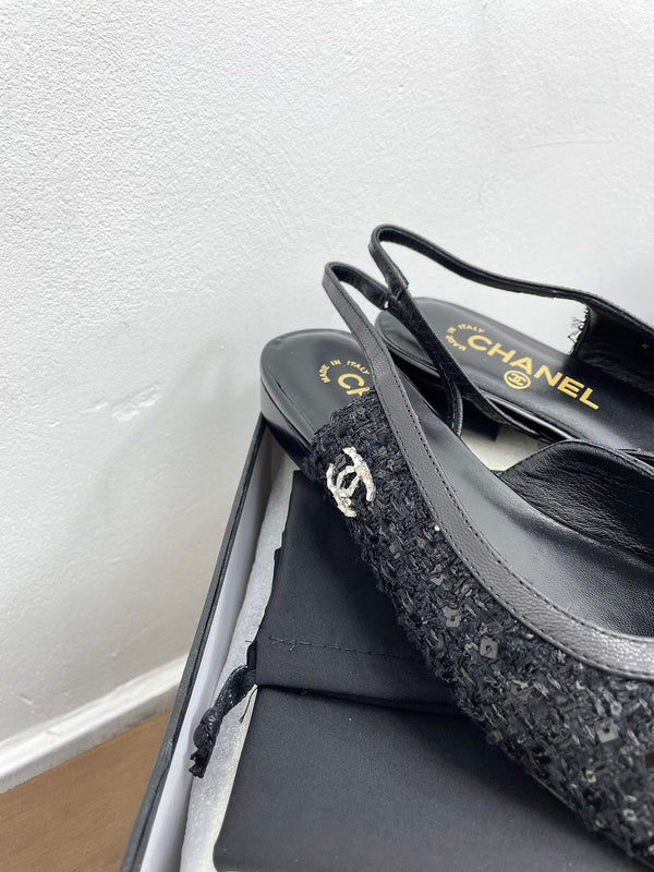 CC Slingback Black Tweed Fabric And Calfskin