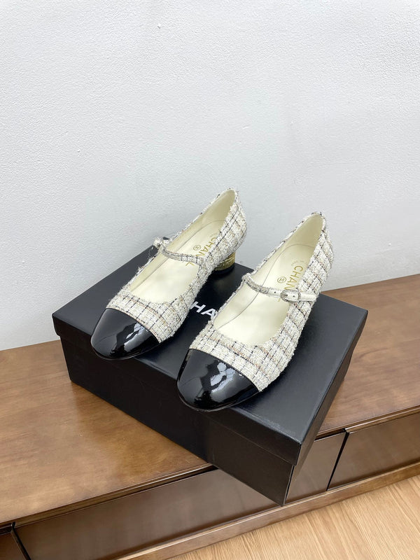 CC Mary Jane White Tweed Farbic And Cowhide