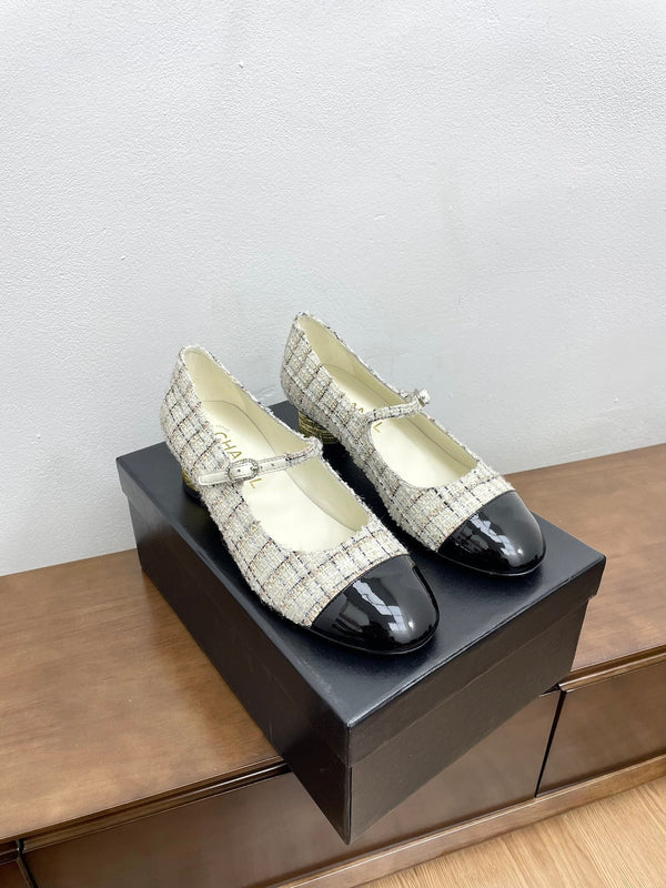 CC Mary Jane White Tweed Farbic And Cowhide