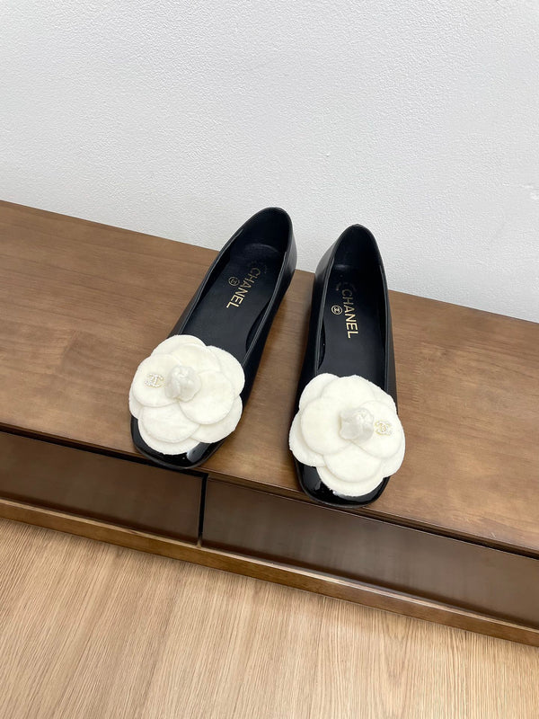 CC Ballet Flats Black With Camellia White Lambskin