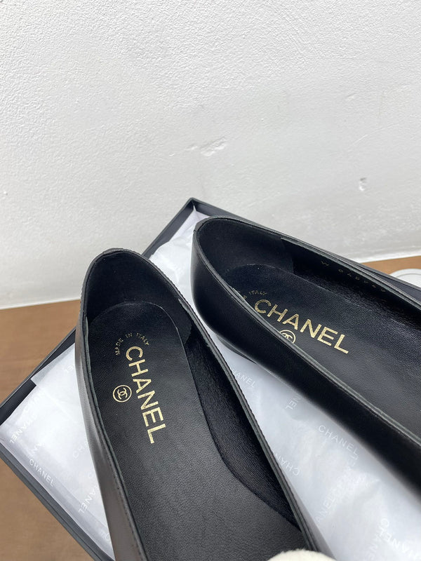 CC Ballet Flats Black With Camellia White Lambskin