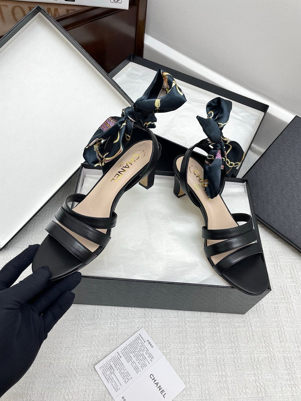 CC 25SS Sandals 5cm Three Straps Black Calfskin 338327