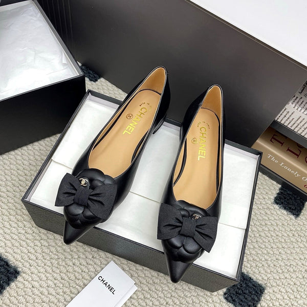 CC Logo Bow with Camellia Ballerina Flats 15mm Black Cowhide Sheepskin 427022