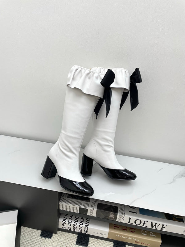 CC Big Bow Chunky Long Boots 80mm Black White Suede 427063