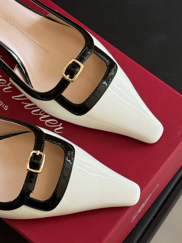 Viv Canard Slingback Pumps 55 in Patent White Black Leather