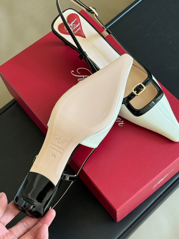Viv Canard Slingback Pumps 55 in Patent White Black Leather