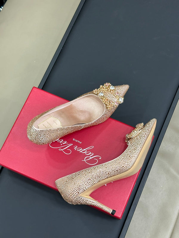 Flower Strass Buckle Pump 85 Crystal Rose Cannelle Leather