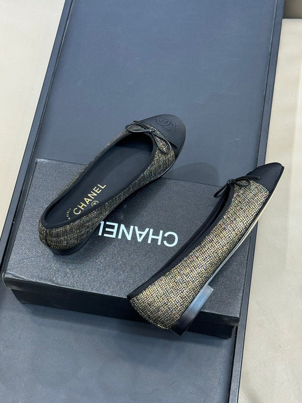 CC 26ss Ballet Flat Black Gold Tweed Velvet 623157