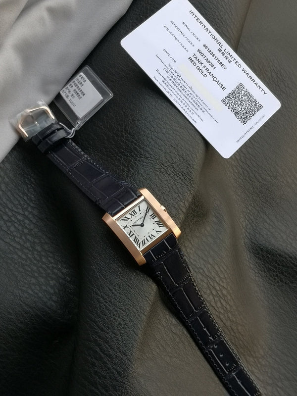 Tank Francaise Pink Gold Case Black Leather Strap