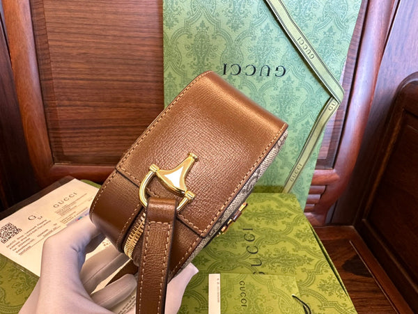 BORSA PICCOLA GG 20 HORSEBIT 1955 IN TELA BEIGE E PELLE DI VITELLO MARRONE