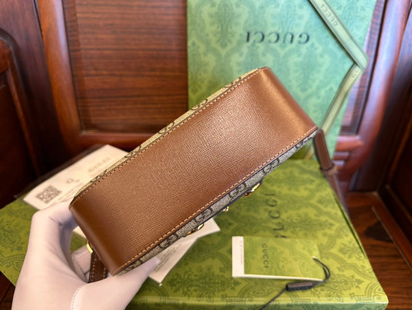 BORSA PICCOLA GG 20 HORSEBIT 1955 IN TELA BEIGE E PELLE DI VITELLO MARRONE