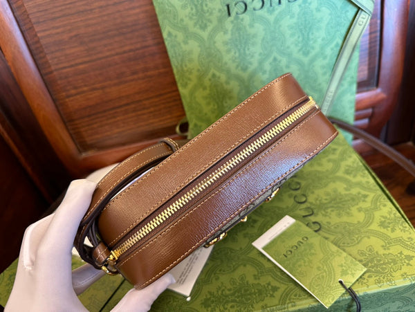 BORSA PICCOLA GG 20 HORSEBIT 1955 IN TELA BEIGE E PELLE DI VITELLO MARRONE