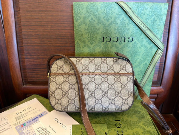 BORSA PICCOLA GG 20 HORSEBIT 1955 IN TELA BEIGE E PELLE DI VITELLO MARRONE